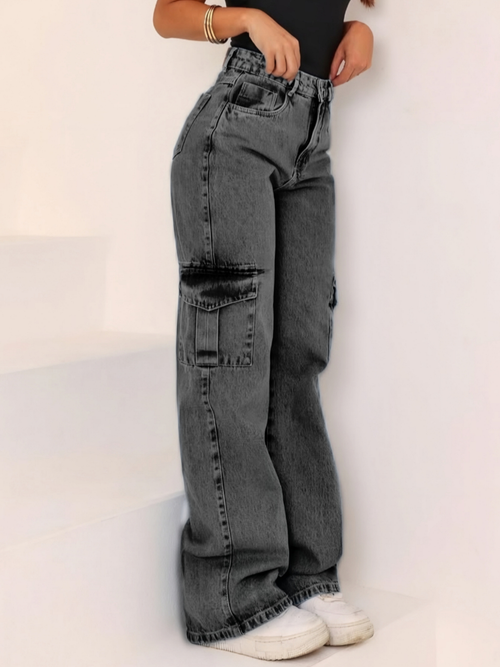 Calça Jeans feminina Wide Leg Marmorizada Pantalona boca larga - cintura alta premium