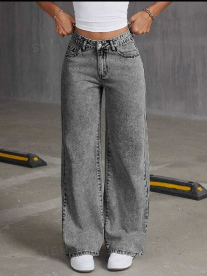 Calça Jeans feminina Wide Leg Marmorizada Pantalona boca larga - cintura alta premium