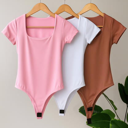 Kit 3 Body Feminino Decote Quadrado Manga Curta Tecido Suplex Moda Verão Tendência