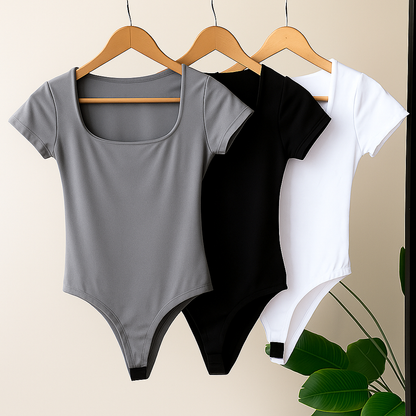 Kit 3 Body Feminino Decote Quadrado Manga Curta Tecido Suplex Moda Verão Tendência