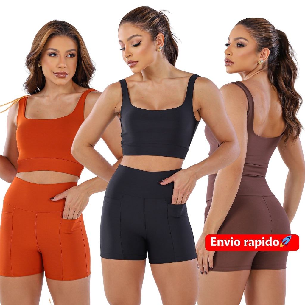 CONJUNTO FITNESS DE SHORT fit treino bermuda bolso top sustentação Crossfit corrida moda shortinho