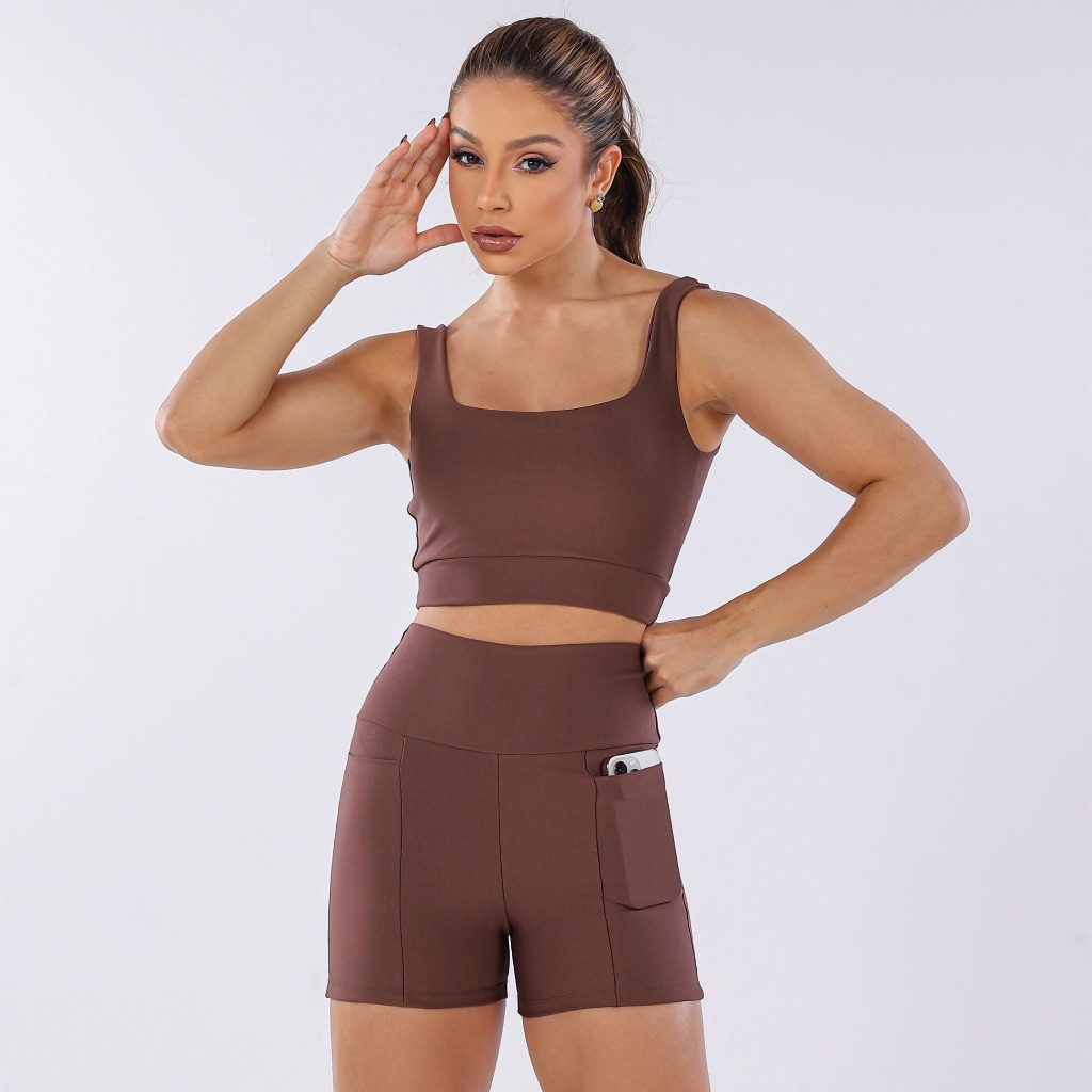 CONJUNTO FITNESS DE SHORT fit treino bermuda bolso top sustentação Crossfit corrida moda shortinho