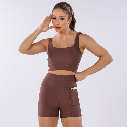 CONJUNTO FITNESS DE SHORT fit treino bermuda bolso top sustentação Crossfit corrida moda shortinho