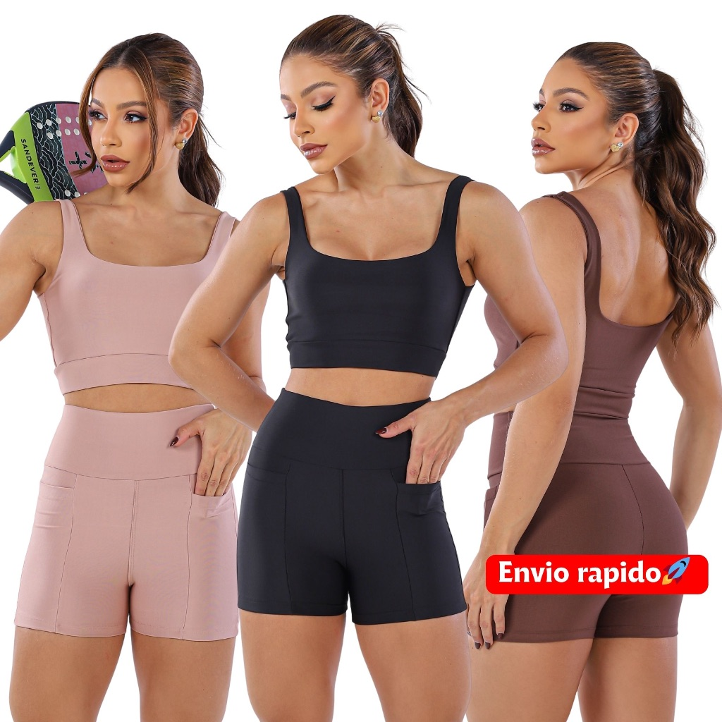 CONJUNTO FITNESS DE SHORT fit treino bermuda bolso top sustentação Crossfit corrida moda shortinho